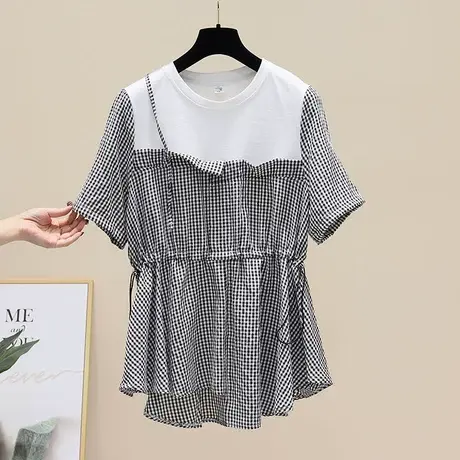 小个子减龄娃娃衫2023夏新款时尚显瘦收腰拼接撞色衬衫上衣女衬衣图片
