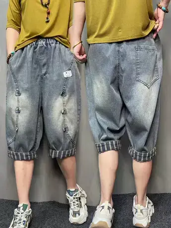 民族风复古水洗做旧六分牛仔裤女士拼接盘扣洋气宽松五分哈伦短裤商品大图