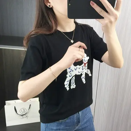 洋气减龄卡通图案针织衫女夏季宽松显瘦上衣圆领套头正肩短袖T恤商品大图