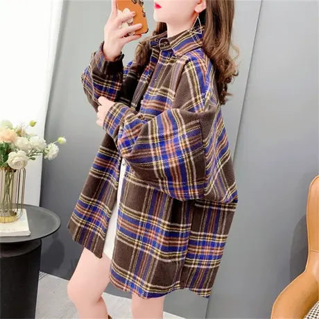 复古港味加厚磨毛格子衬衫女秋冬2023新款宽松慵懒风大码外套上衣商品大图