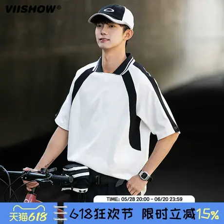 VIISHOWpolo衫短袖t恤男夏季美式复古宽松撞色翻领情侣体恤潮牌商品大图