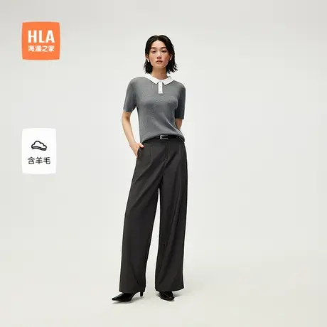 【含羊毛】HLA/海澜之家翻领薄款短袖针织衫25春夏新休闲毛衣女装商品大图