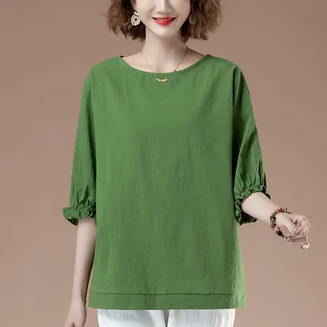 七分袖T恤女春夏加肥加大码女装宽松中年妈妈中袖棉麻上衣女小衫商品大图