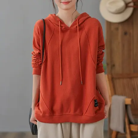 dza 复古纯色棉质连帽运动卫衣女士2023新款宽松显瘦上衣休闲长袖图片
