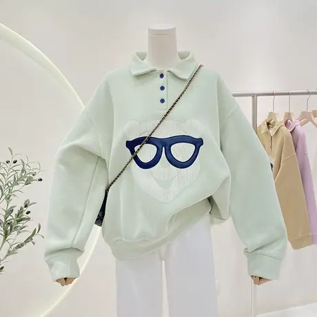 polo领卫衣女春季2023年新款洋气设计感小众小熊印花宽松套头上衣商品大图