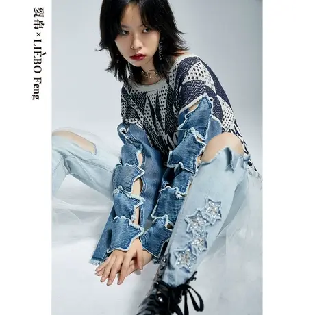 裂帛LIEBOFeng设计师品牌2023年秋冬牛仔小衫星星镂空长袖针织衫图片