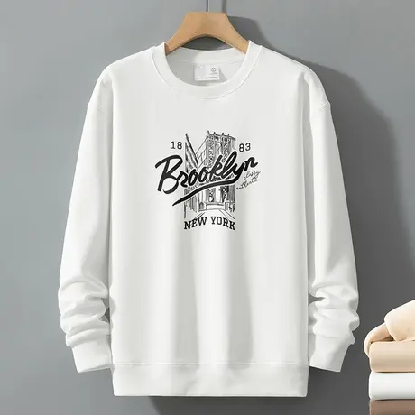 320g重磅圆领卫衣男潮流百搭白色长袖t恤加绒加厚无帽套头上衣服商品大图