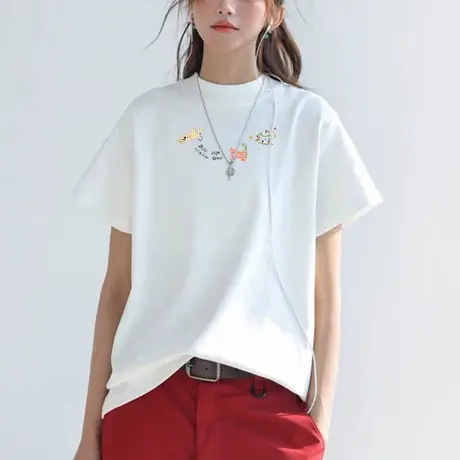半高领短袖t恤女白色宽松欧货2025新款早秋美式打底衫纯棉上衣ins商品大图