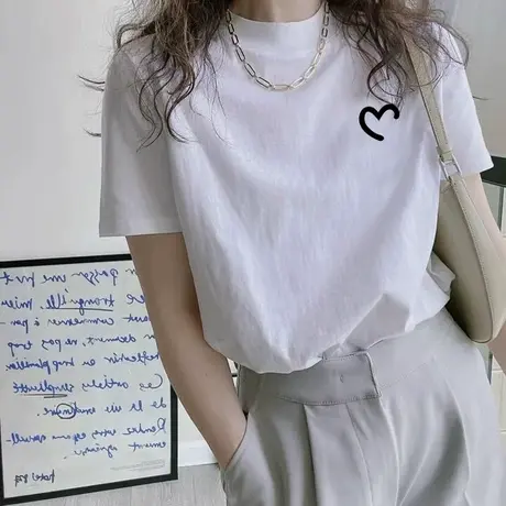 简约别致短袖t恤夏季2025新款半高领女装外穿宽松半袖打底衫上衣商品大图