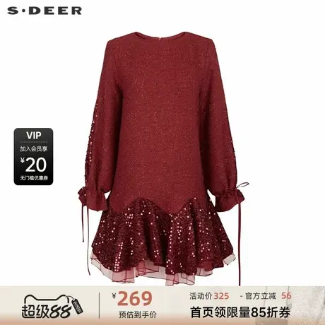 sdeer圣迪奥女装复古圆领系带网纱亮片毛呢外套S234Z2261商品大图