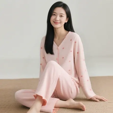 顶瓜瓜摇粒绒睡衣女秋冬季加绒开襟V领家居服套装可外穿宽松睡衣商品大图