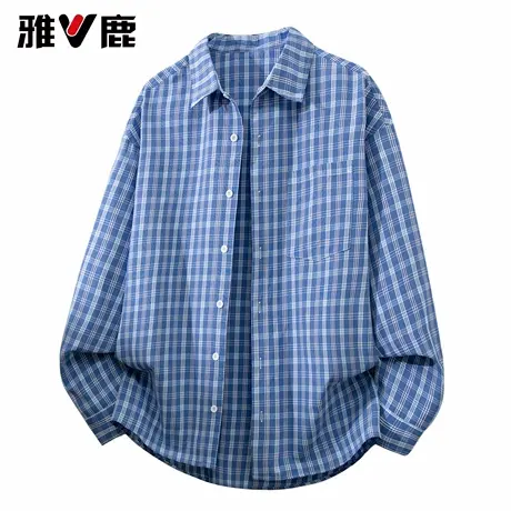 雅鹿2026春季新款时尚潮牌长袖蓝色格子衬衫男青年翻领开衫衬衣潮图片