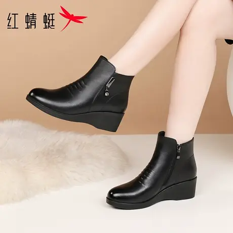 红蜻蜓冬季女鞋厚底坡跟靴子女短靴秋冬真皮加绒保暖妈妈皮靴棉鞋图片