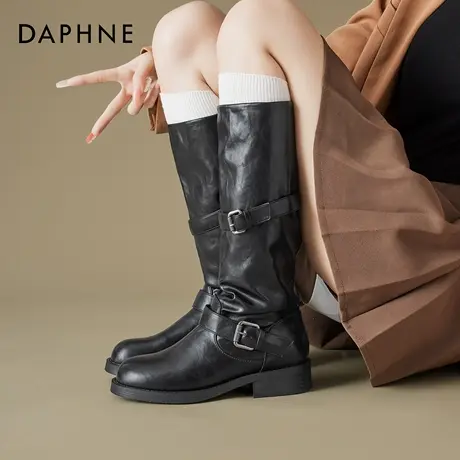 达芙妮复古棕色长筒靴女秋冬2025新款法式长靴粗腿修饰腿型骑士靴商品大图