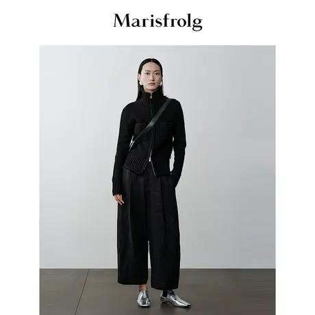 【商场同款】玛丝菲尔2023年冬季新款肌理感黑色亚麻阔腿九分裤图片