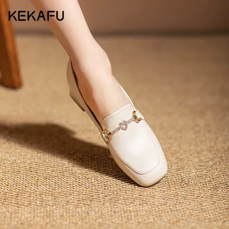 珂卡芙白色粗跟乐福鞋女2023新款秋季中跟女鞋方头单鞋英伦小皮鞋商品大图