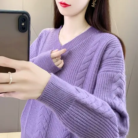 V领麻花针织套头打底衫女内搭加厚上衣简约慵懒百搭毛衣秋冬新款商品大图