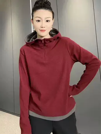 2023秋冬季新款时尚修身百搭气质假两件磨毛撞色潮流韩版连帽卫衣图片