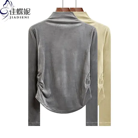 秋冬新款半高领修身褶皱纯欲丝绒加厚保暖长袖体恤上衣女打底衫商品大图