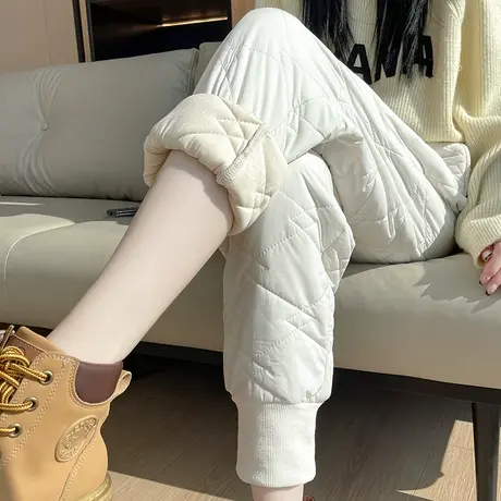 外穿米白色束脚保暖棉裤女冬季宽松束脚显瘦哈伦加厚运动工装棉裤图片