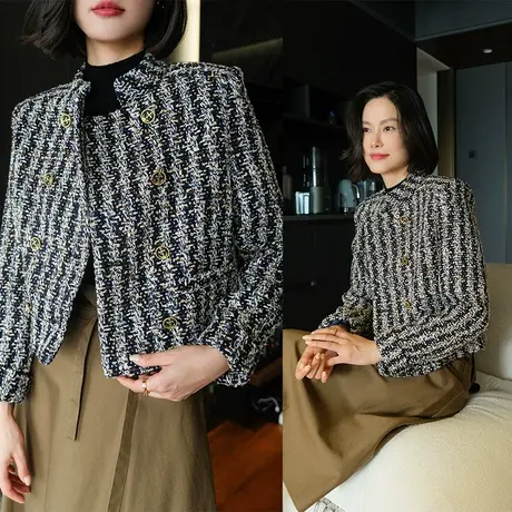 2023秋冬新款高级感气质小香风编织亚麻粗线圆领羊毛短款外套上衣商品大图