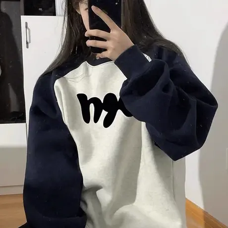 卫衣女设计感小众oversize插肩袖大码上衣秋冬ins加绒休闲风外套商品大图