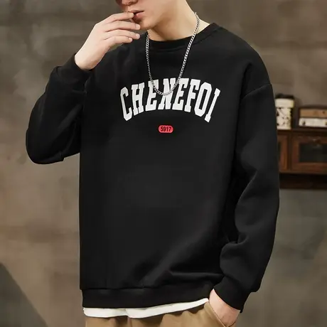 秋冬款美式休闲高街圆领卫衣冬季冬天男生痞帅假两件打底长袖上衣商品大图