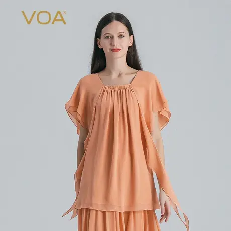 VOA海螺橙双层乔其纯桑蚕丝方领连肩飞飞短袖弧形摆真丝娃娃衫T恤图片