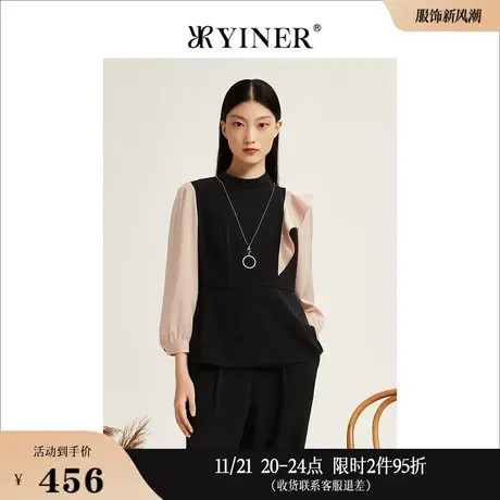 YINER音儿线上专选女装秋季荷叶边慵懒风休闲上衣拼接设计感衬衫商品大图