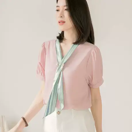桔熊夏季气质修身光泽感领巾拼接雪纺衫短袖上衣女装大码AB16957商品大图