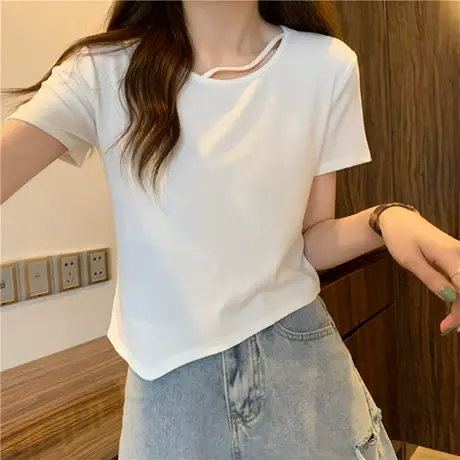 2023新款小众修身设计感正肩上衣纯欲风不规则短款短袖T恤女夏季图片