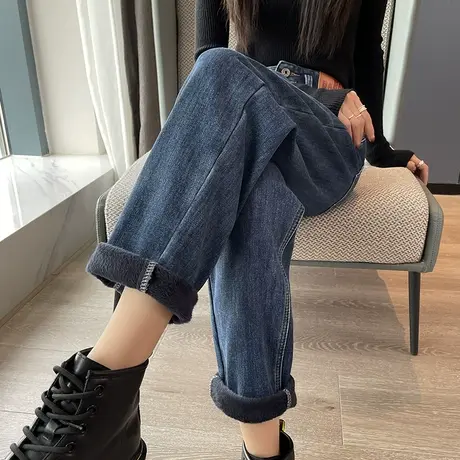 高腰加绒牛仔裤女2024年新款春秋季加厚显瘦宽松哈伦萝卜老爹裤子商品大图