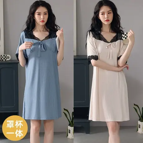 莫代尔睡裙女夏薄款带胸垫大码连衣裙蕾丝性感短袖睡衣V领可外穿商品大图