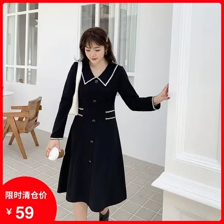 【清仓】装新款翻领胖mm遮肚显瘦大码连衣裙A字中长款气质小黑裙商品大图