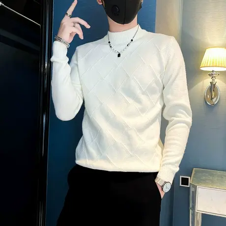 秋冬新款半高领毛衣男纯色菱格提花小众高级感修身内搭针织衫线衣商品大图