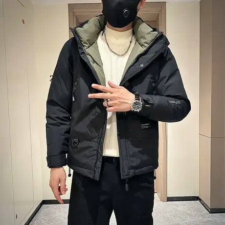 连帽工装羽绒服男冬季2023新款个性拼色潮牌加厚冲锋衣白鸭绒外套图片