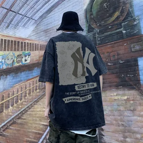 水洗做旧短袖T恤男夏季美式复古潮牌印花宽松休闲五分袖重磅体恤图片