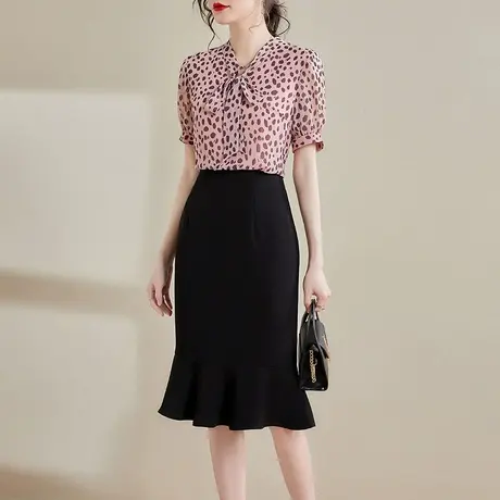 水墨青华夏装新品时尚假两件套装优雅修身印花雪纺拼接连衣裙商品大图