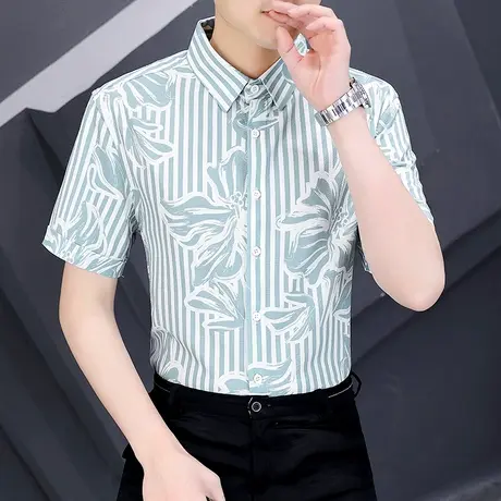 纯棉短袖衬衫男士潮流韩版条纹印花衬衣薄款痞帅男装半袖夏款上衣商品大图