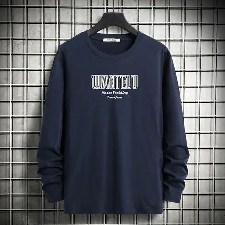 秋季长袖t恤男装纯棉宽松圆领上衣服潮流字母印花全棉内搭打底衫商品大图