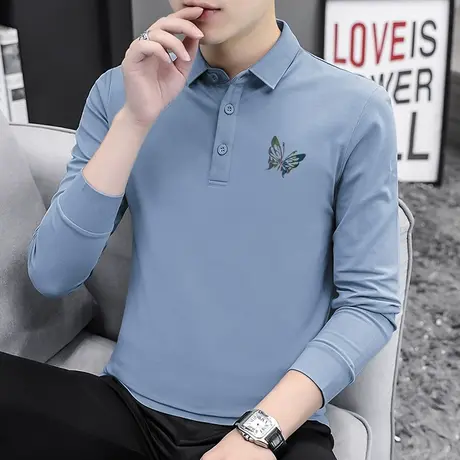 翻领t恤男装polo衫珠地棉有领长袖潮牌潮流保罗打底衫有领秋衣服商品大图