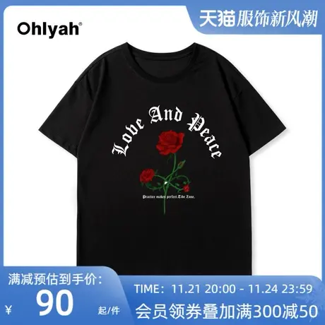 Ohlyah高街小众复古玫瑰花vintage半袖夏季男女情侣装宽松短袖T恤图片