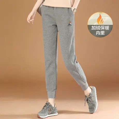 韩潮袭人松紧腰刺绣加绒休闲裤女2023冬新款显瘦灰色束脚运动卫裤图片