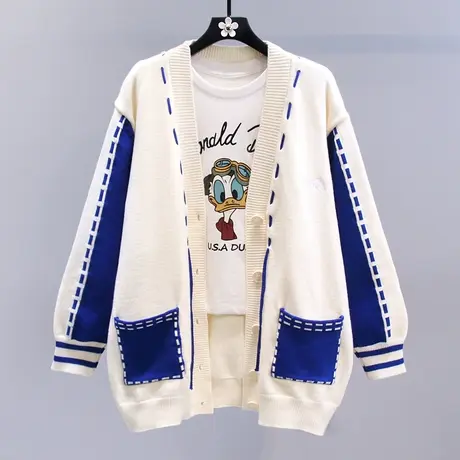 慵懒风中长款撞色毛衣外套女秋冬2023新款宽松高级感休闲针织开衫图片