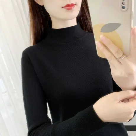 黑色打底衫女新款修身紧身中领针织衫长袖上衣内搭秋冬半高领毛衣商品大图
