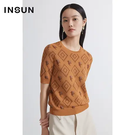INSUN恩裳夏季千鸟格提花工艺百搭针织衫图片