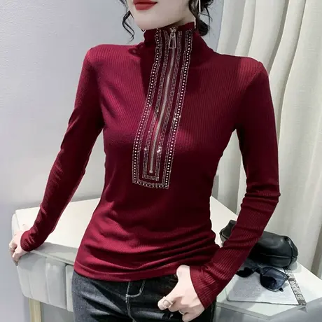 拉链半高领打底衫女春秋2024新款洋气设计感上衣时尚烫钻长袖T恤商品大图