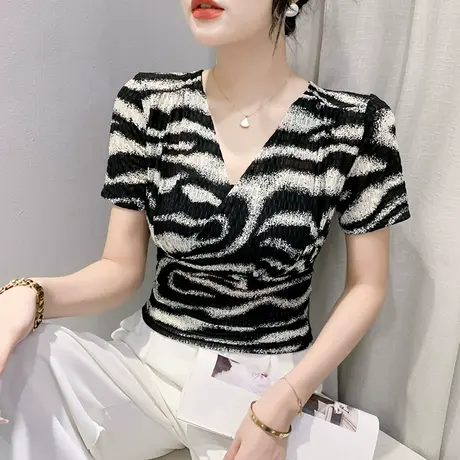 交叉V领T恤女短袖时尚性感网纱上衣高腰短款小衫洋气印花别致体恤图片