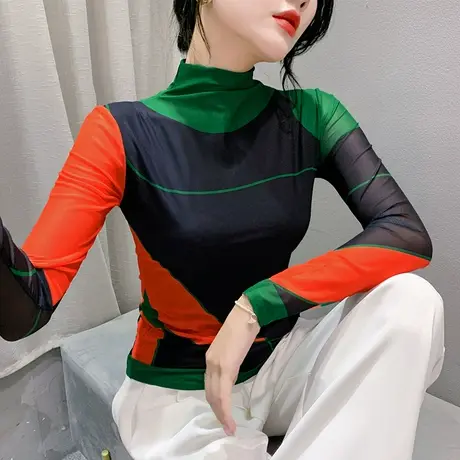 性感网纱半高领加绒T恤女长袖气质撞色印花内塔上衣修身打底衫ins商品大图