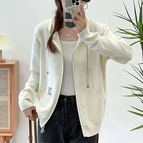 连帽纯色拉链针织开衫外套女减龄学生外搭外穿上衣2023秋冬季新品图片